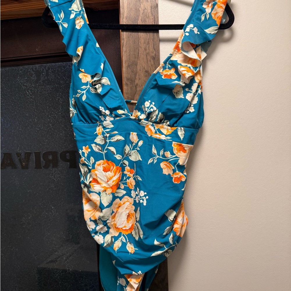 Cupshe Teal Floral Ruffled One-Piece Swimsuit